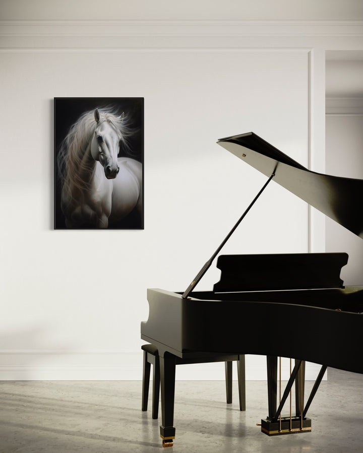 Beautiful White Horse On Black Background Framed Canvas Wall Art in music room