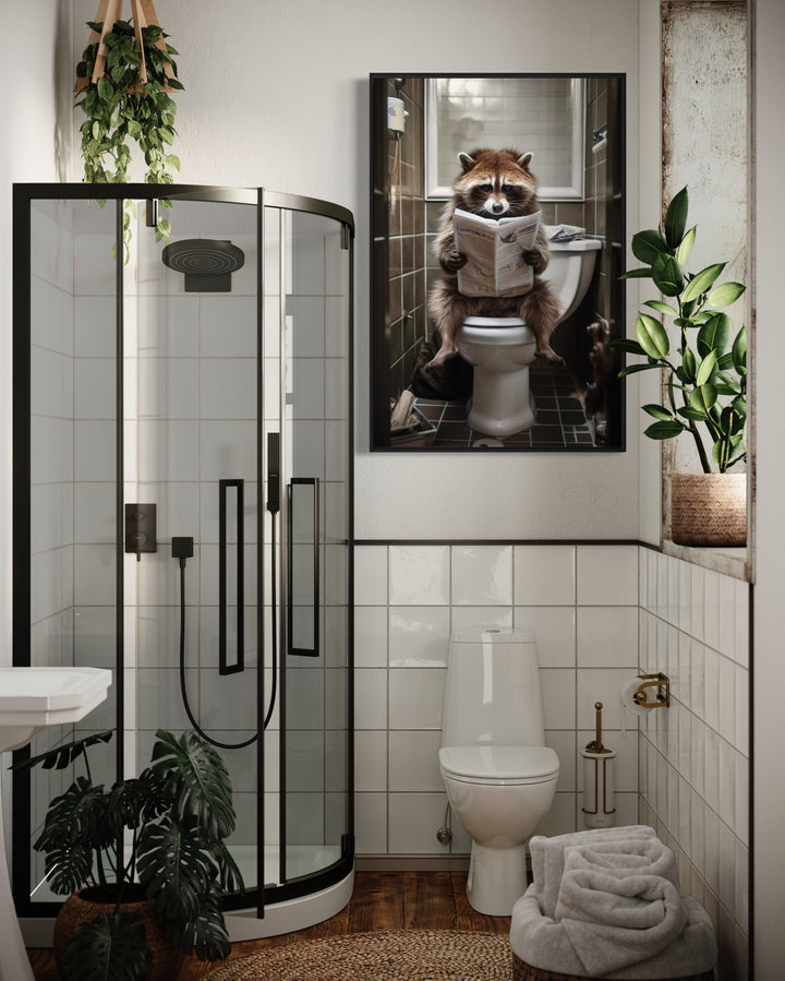 Raccoon On The Toilet Reading Newspaper realistic photograph