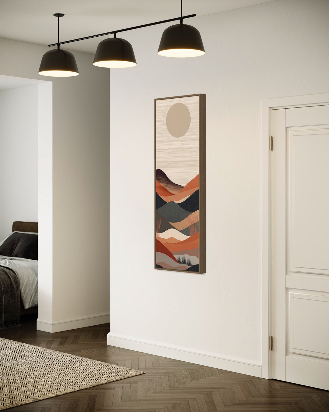 Long Narrow Boho Minimalist Desert Landscape Neutral Vertical Wall Art in living room