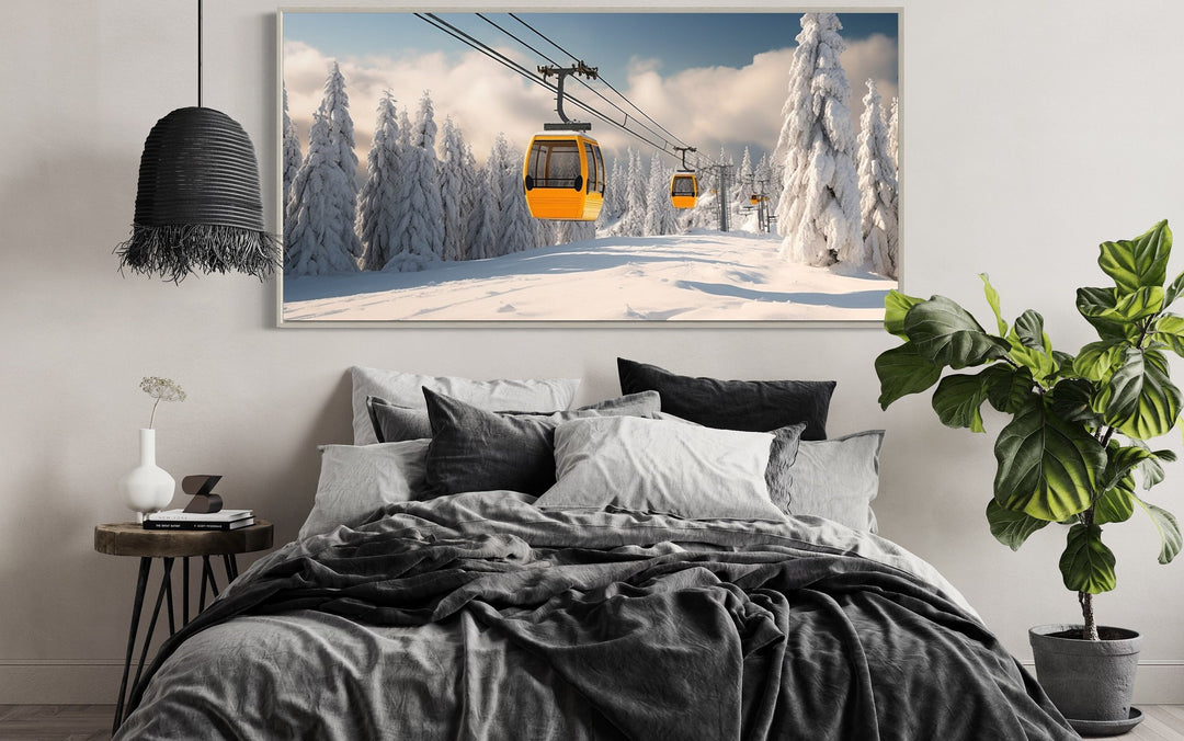 Yellow Chairlift In Ski Resort Framed Canvas Wall Art above bed