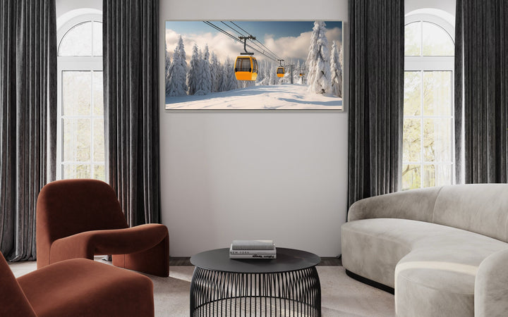 Yellow Chairlift In Ski Resort Framed Canvas Wall Art