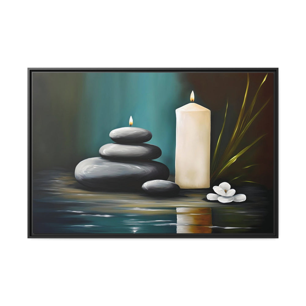 Candles And Stacked Rocks Zen Framed Canvas Wall Art close up