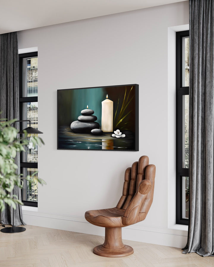 Candles And Stacked Rocks Zen Framed Canvas Wall Art in living room