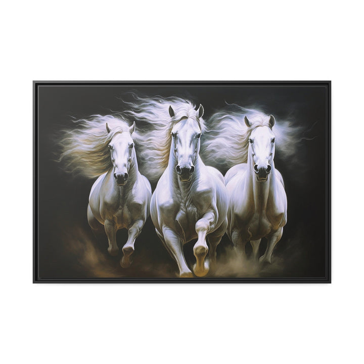 Three White Horses Running Framed Canvas Wall Art close up