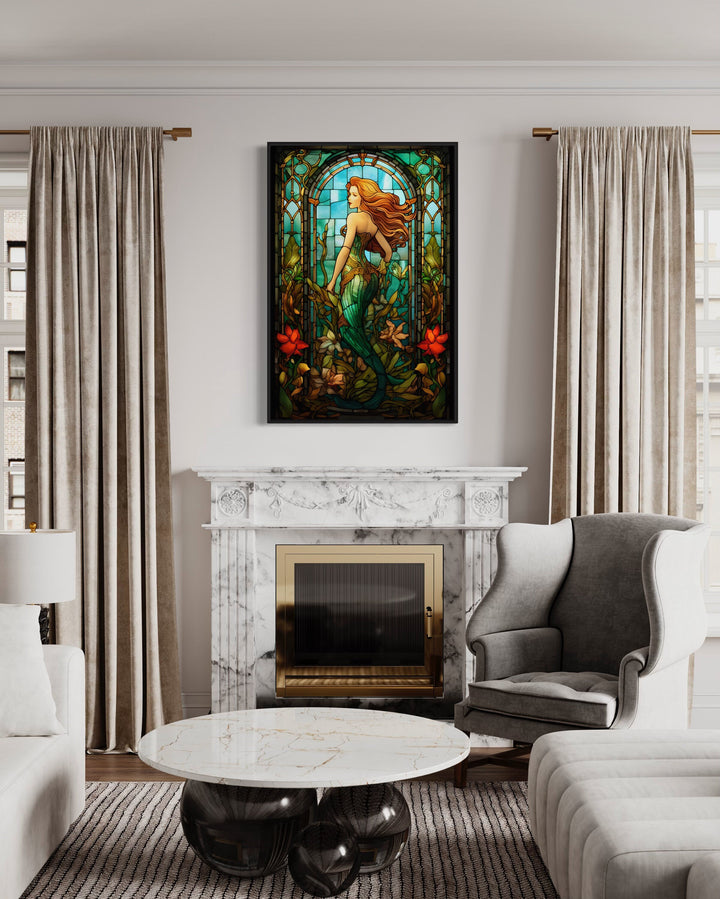 Art Nouveau Mermaid Stained Glass Style Framed Canvas Wall Art above fireplace