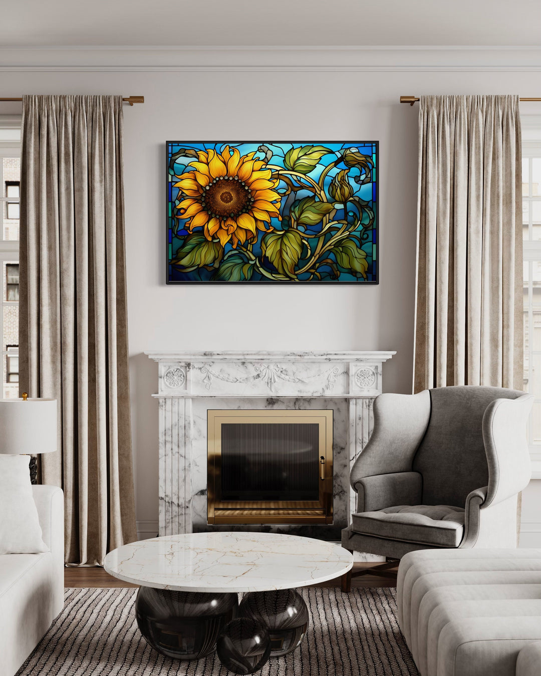 Sunflower Stained Glass Art Deco Style Framed Canvas Wall Art above fireplace