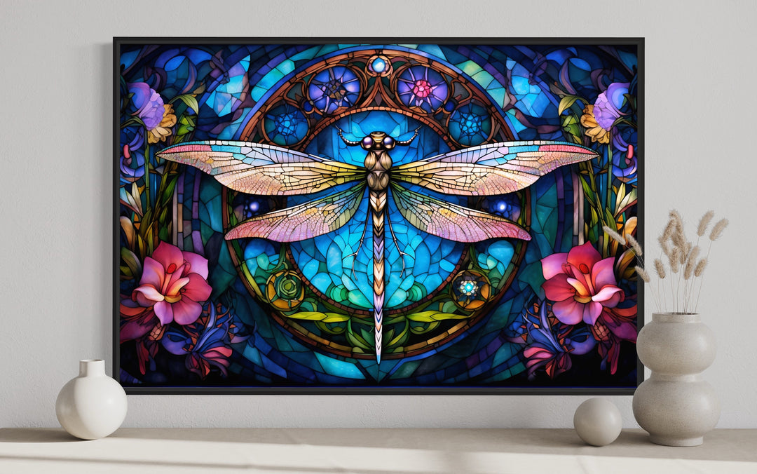 Dragonfly Stained Glass Style Art Nouveau Framed Canvas Wall Art close up