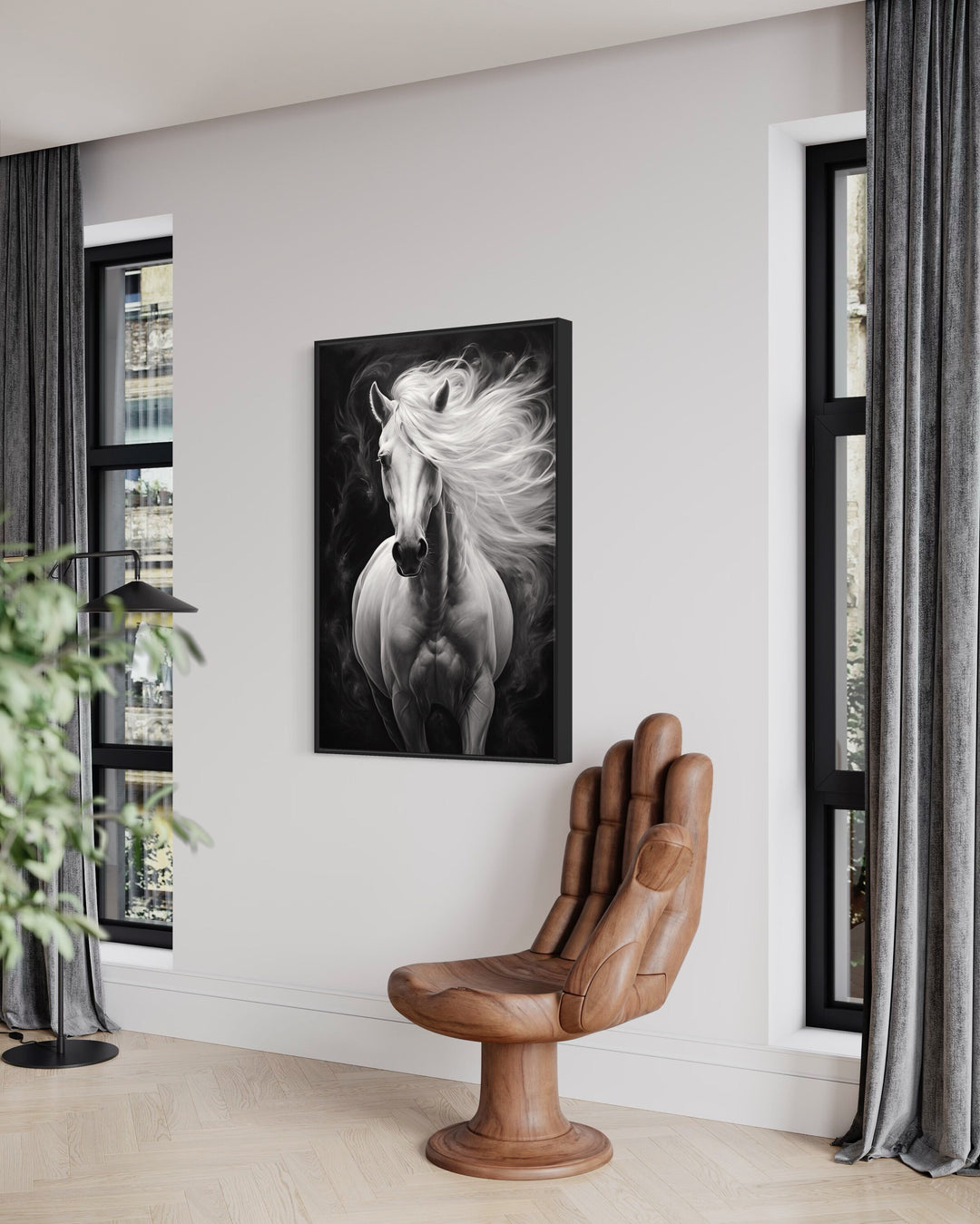 Beautiful White Horse On Black Background Canvas Wall Art in modern room