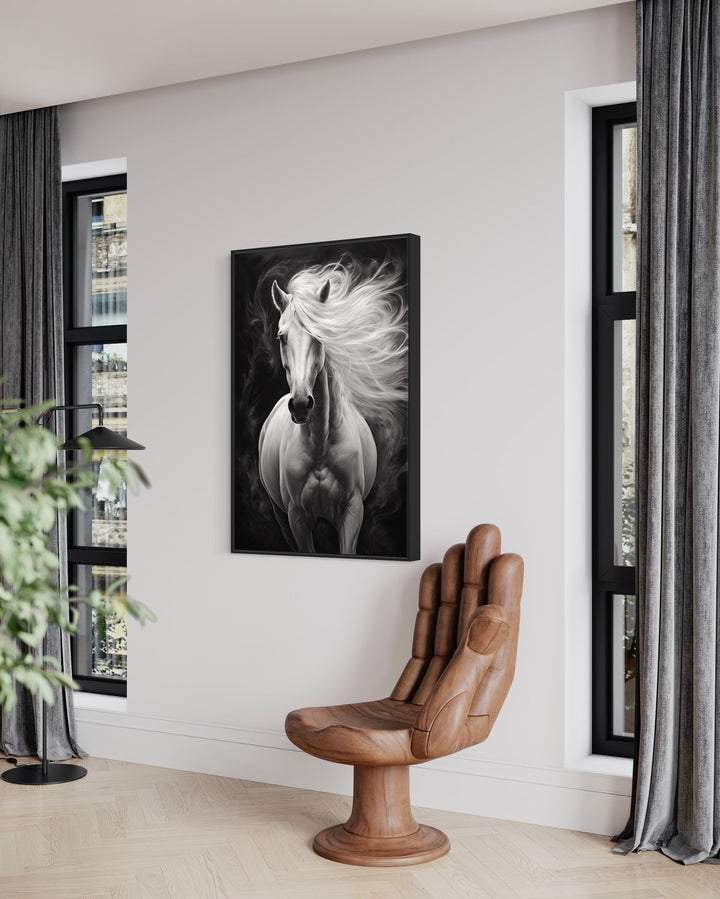 Beautiful White Horse On Black Background Canvas Wall Art in modern room