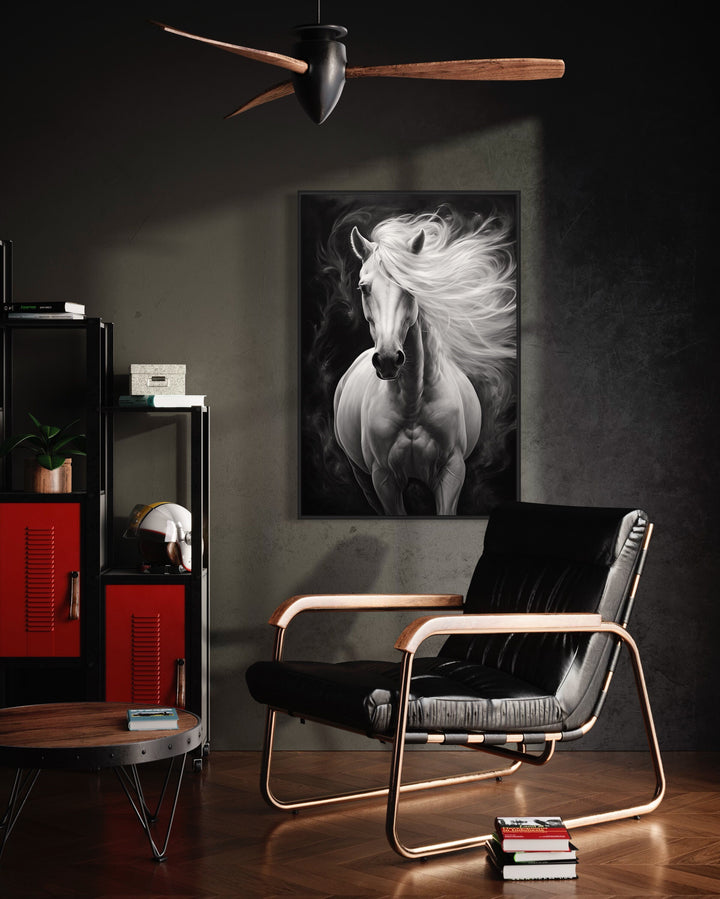 Beautiful White Horse On Black Background Canvas Wall Art in dark room