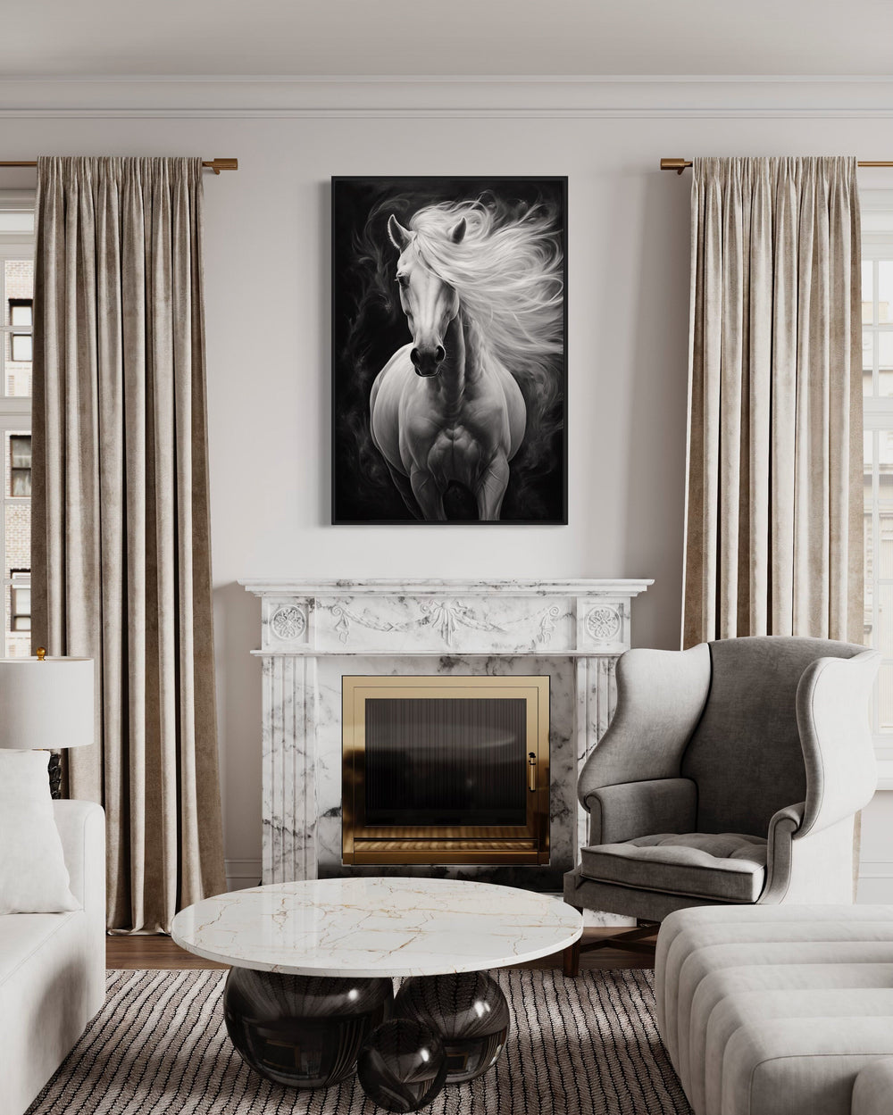 Beautiful White Horse On Black Background Canvas Wall Art above fireplace