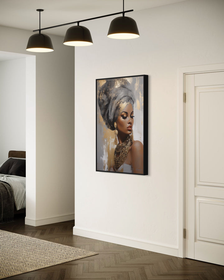 Beautiful Black Woman Gold Silver Framed Canvas Wall Art side view