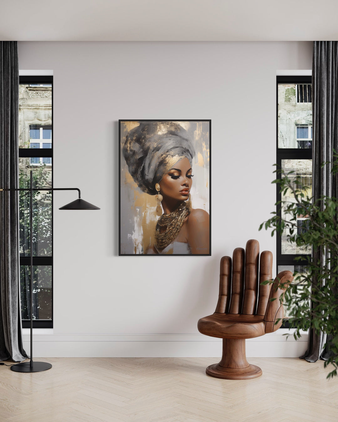 Beautiful Black Woman Gold Silver Framed Canvas Wall Art in living room