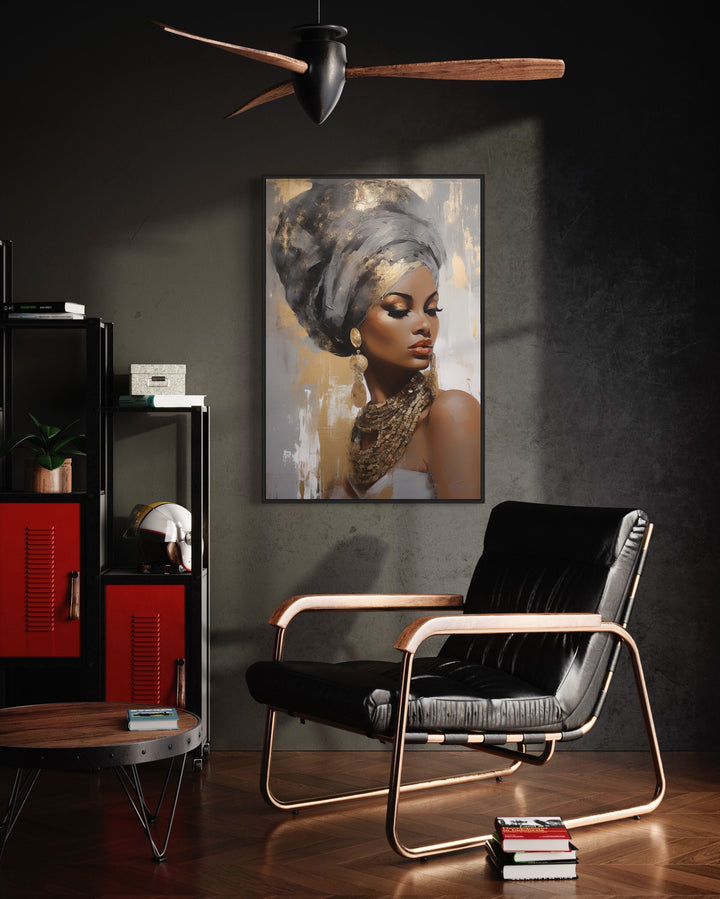 Beautiful Black Woman Gold Silver Framed Canvas Wall Art