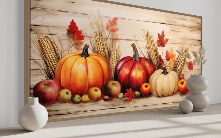 Décoration murale de cuisine de ferme avec citrouilles d'automne, pommes, récolte de maïs 