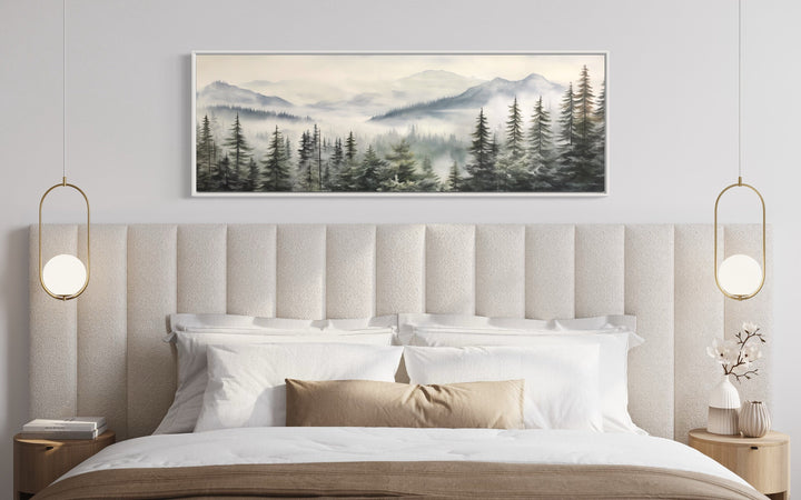 Foggy Forest Sage Green Long Horizontal Above Bed Wall Art