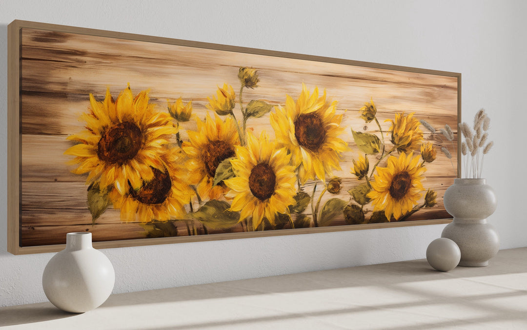 Rustic Sunflowers Painting on Wood Long Horizontal Framed Canvas Wall Art side view