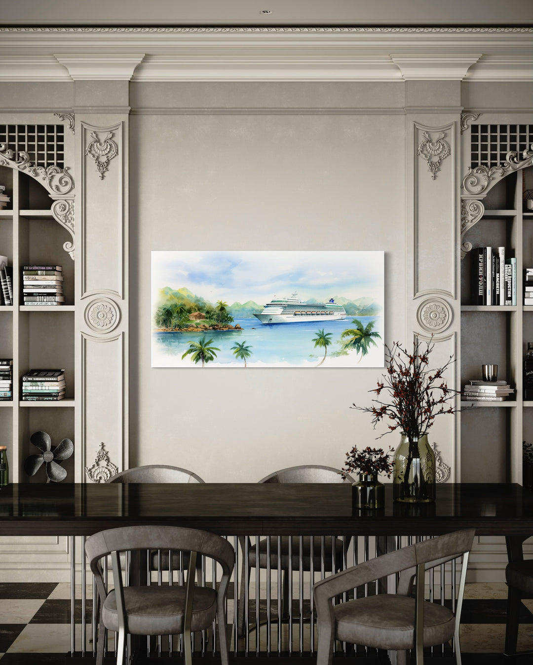 Cruise Ship Docked At Tropical Island Wall Art in dining room