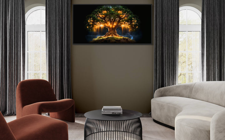 Yggdrasil Norse Mythology Green Gold Framed Canvas Wall Art in living room