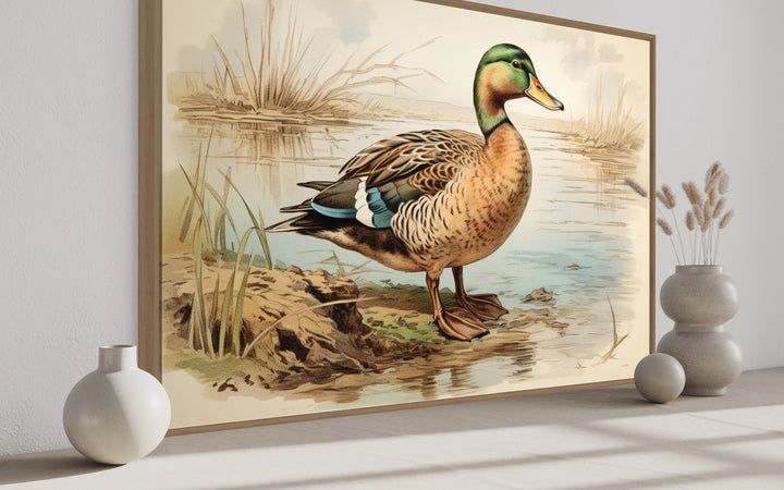 Mallard Duck Vintage Rustic Framed Canvas Wall Art side view