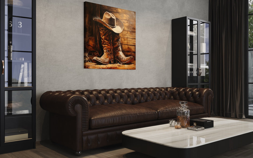 Cowboy Hat and Boots Framed Canvas Wall Art in living room in man cave