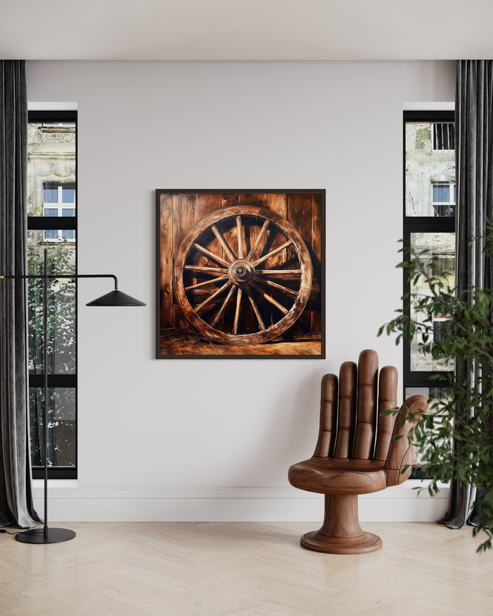 Wagon Wheel Wild West Framed Canvas Wall Art in living room