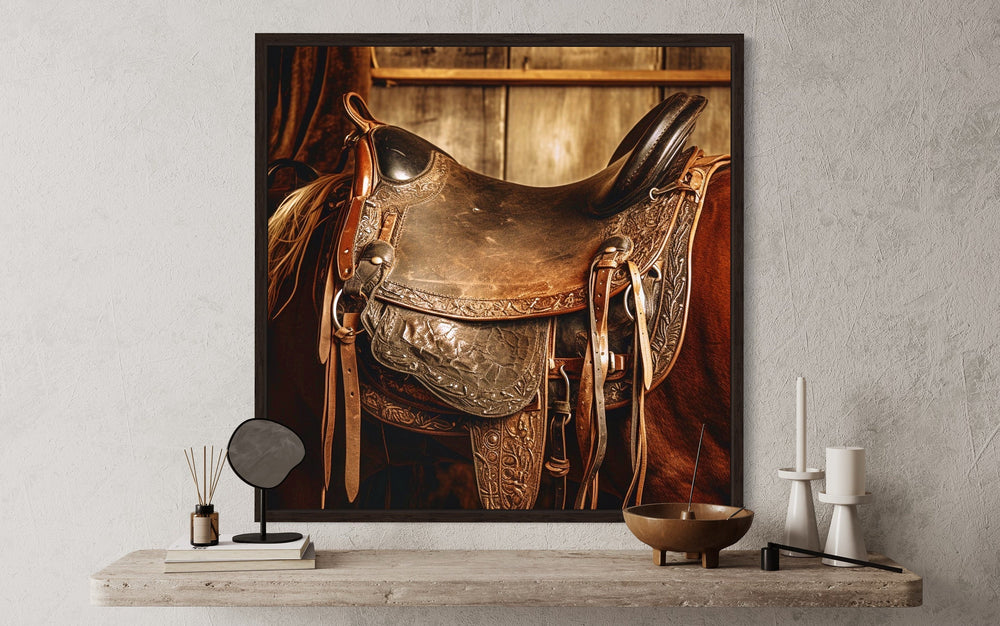 Vintage Horse Saddle Framed Southwestern Canvas Wall Art close up