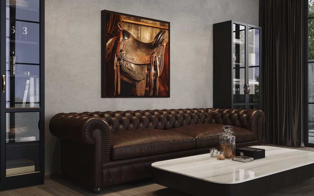 Horse Saddle Framed Canvas Wall Art in man cave