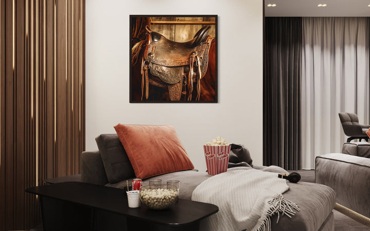 Horse Saddle Framed Canvas Wall Art in man cave