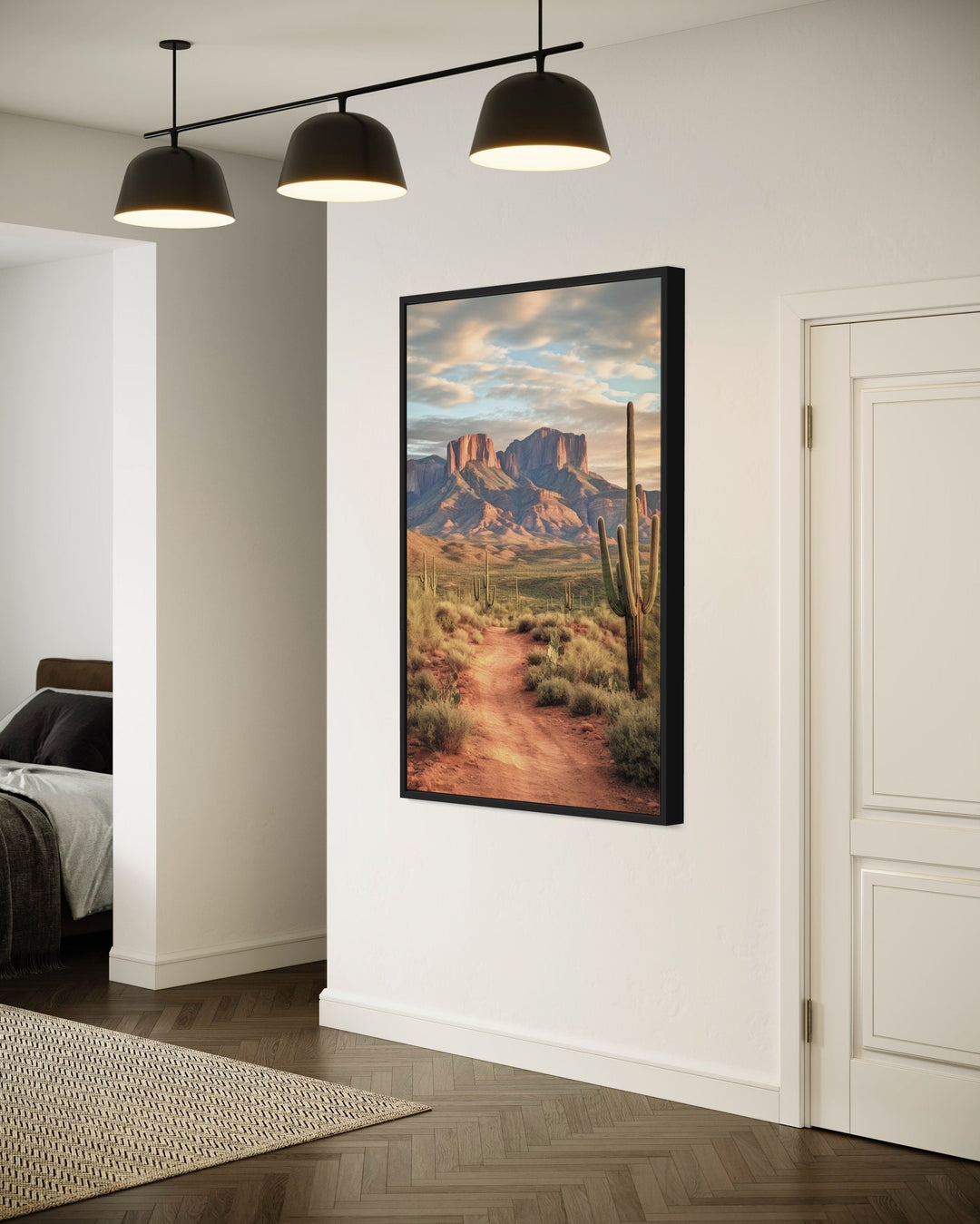 Arizona Desert Painting With Saguaro Cactus Vertical Wall Art in living room