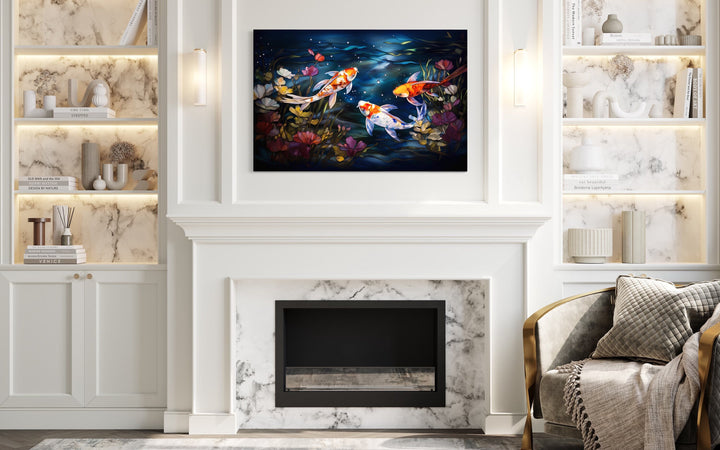 Koi Fish Stained Glass Style Wall Art above fireplace
