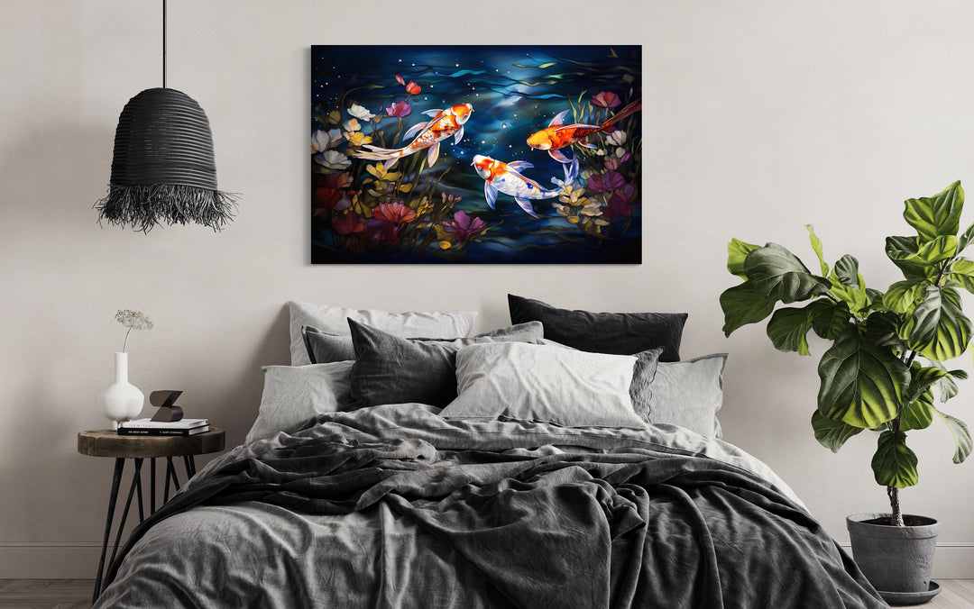 Koi Fish Stained Glass Style Wall Art above bed