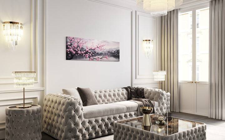 Pink Cherry Blossom On Japanese Landscape Long Horizontal Wall Art above couch