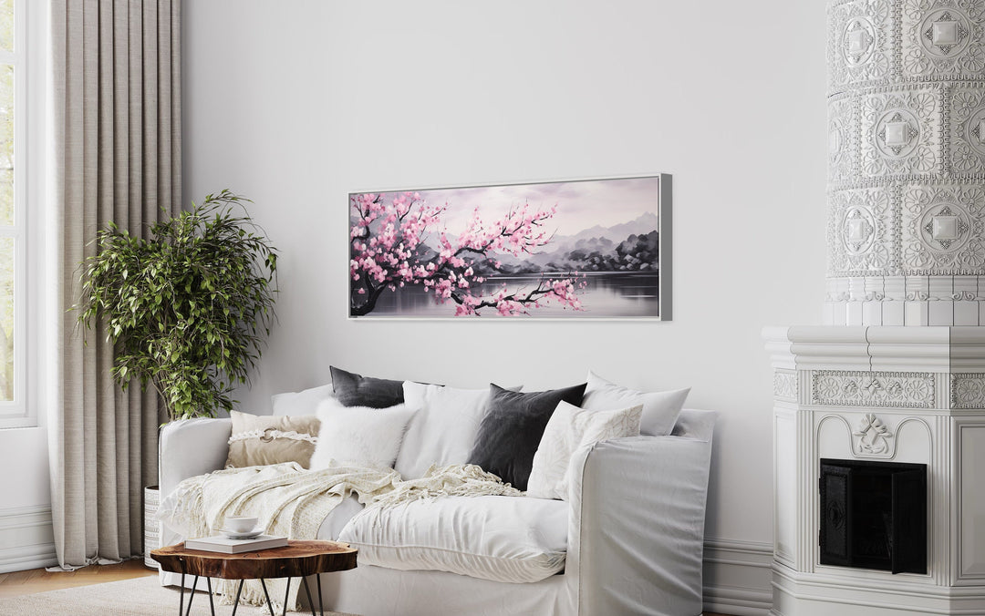 Pink Cherry Blossom On Japanese Landscape Long Horizontal Wall Art above couch