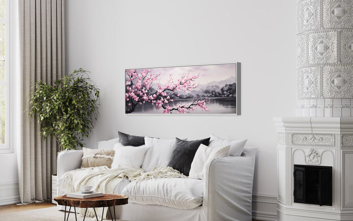 Pink Cherry Blossom On Japanese Landscape Long Horizontal Wall Art above couch