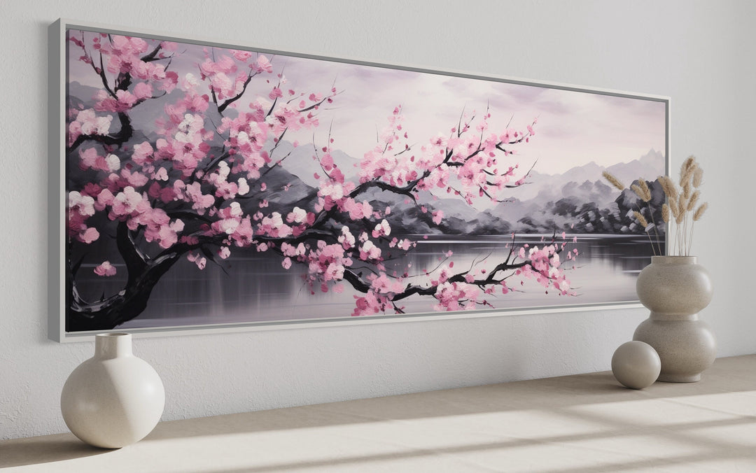 Pink Cherry Blossom On Japanese Landscape Long Horizontal Wall Art side view