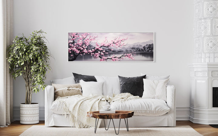 Pink Cherry Blossom On Japanese Landscape Long Horizontal Wall Art