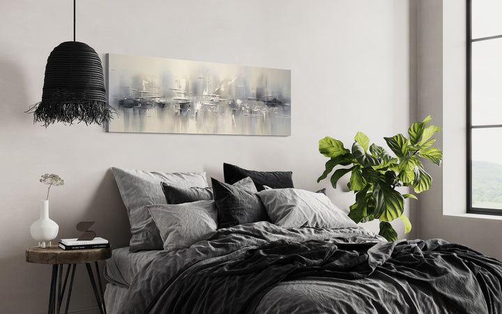 Minimalist Abstract Silver Gray Long Horizontal Living Room Framed Canvas Wall Art above bed