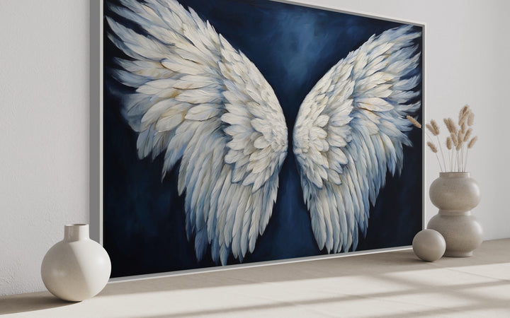 White Angel Wings On Blue Background Framed Canvas Wall Art side view