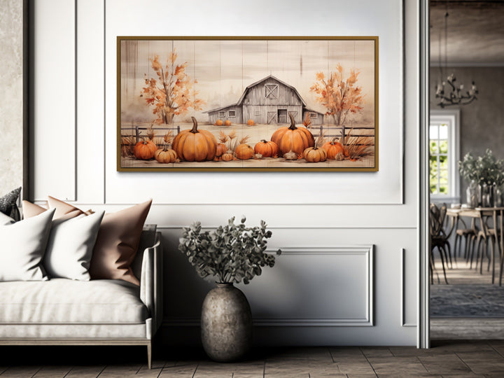 Old Farm Barn And Pumpkin Patch Painting On Wood Framed Canvas Wall Art