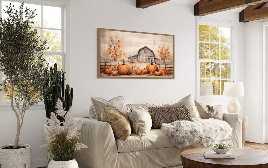 Old Farm Barn And Pumpkin Patch Painting On Wood Framed Canvas Wall Art in living room