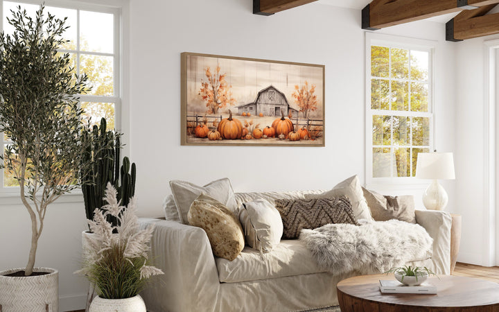 Old Farm Barn And Pumpkin Patch Painting On Wood Framed Canvas Wall Art in living room