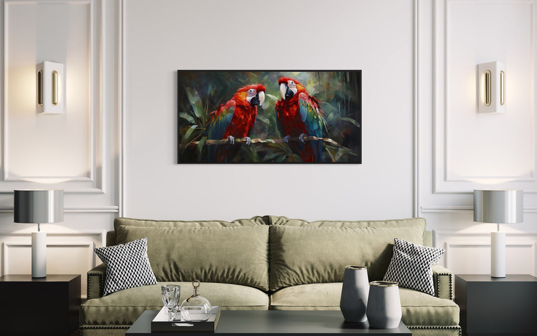 Two Red Macaw Parrots In Tropical Rainforest Framed Canvas Wall Art