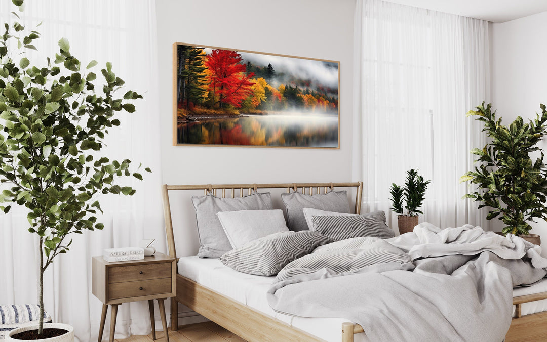 New England Lake And Forest Landscape Autumn Wall Art above bed