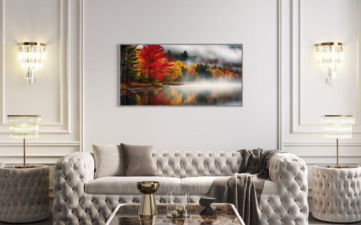 New England Lake And Forest Landscape Autumn Wall Art above white couch