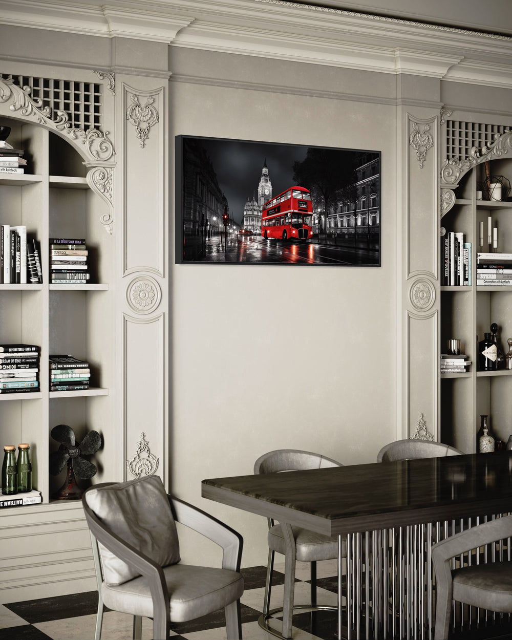 London Wall Art Red Double Decker Bus Black And White Photography Style in dining room