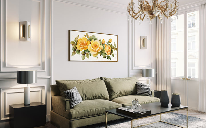 Yellow Roses of Texas Framed Canvas Wall Art above green couch