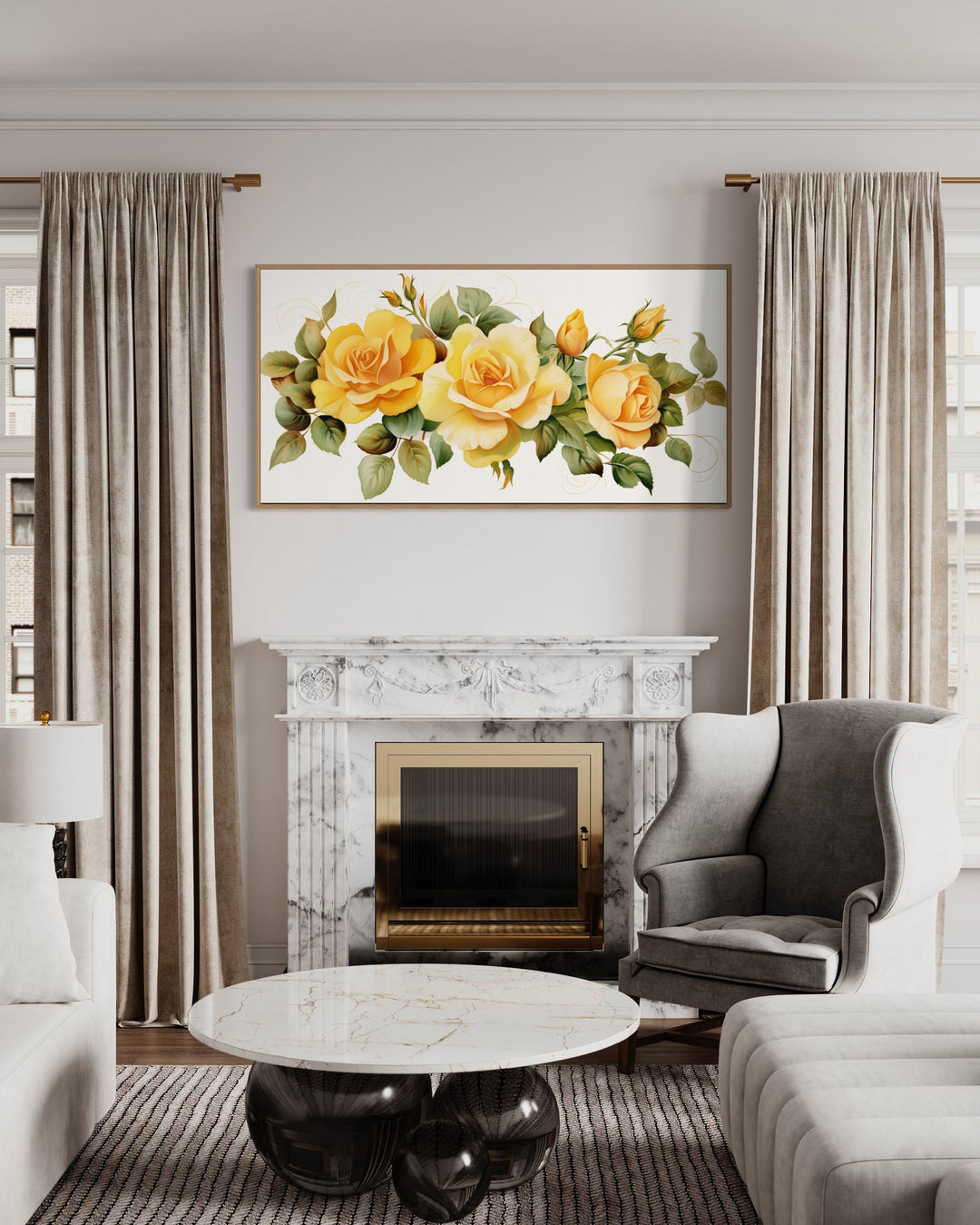 Yellow Roses of Texas Framed Canvas Wall Art above fireplace