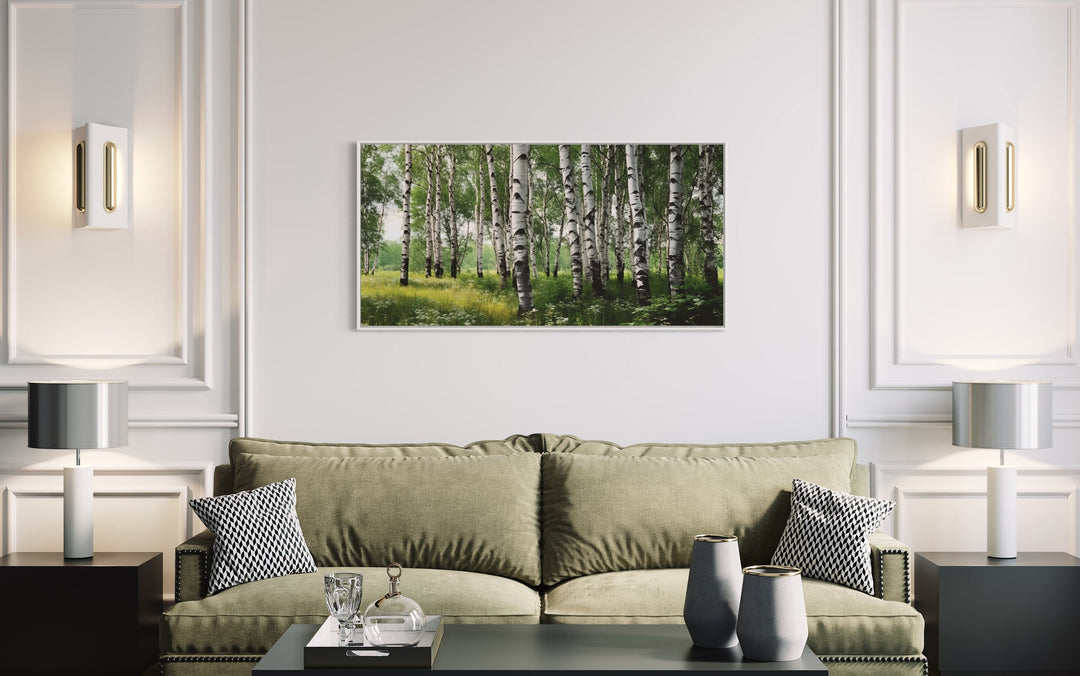 Birch Tree Forest Painting Framed Canvas Wall Art in living room with green couch