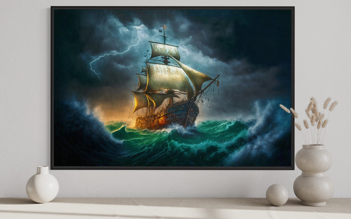 Pirate Ship In Storm Renaissance Style Nautical Framed Canvas Wall Art close up